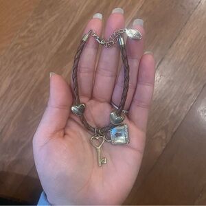 Guess Brown Vegan Leather Braided Lock Key Bracelet Gold Hardware Charm Bracelet